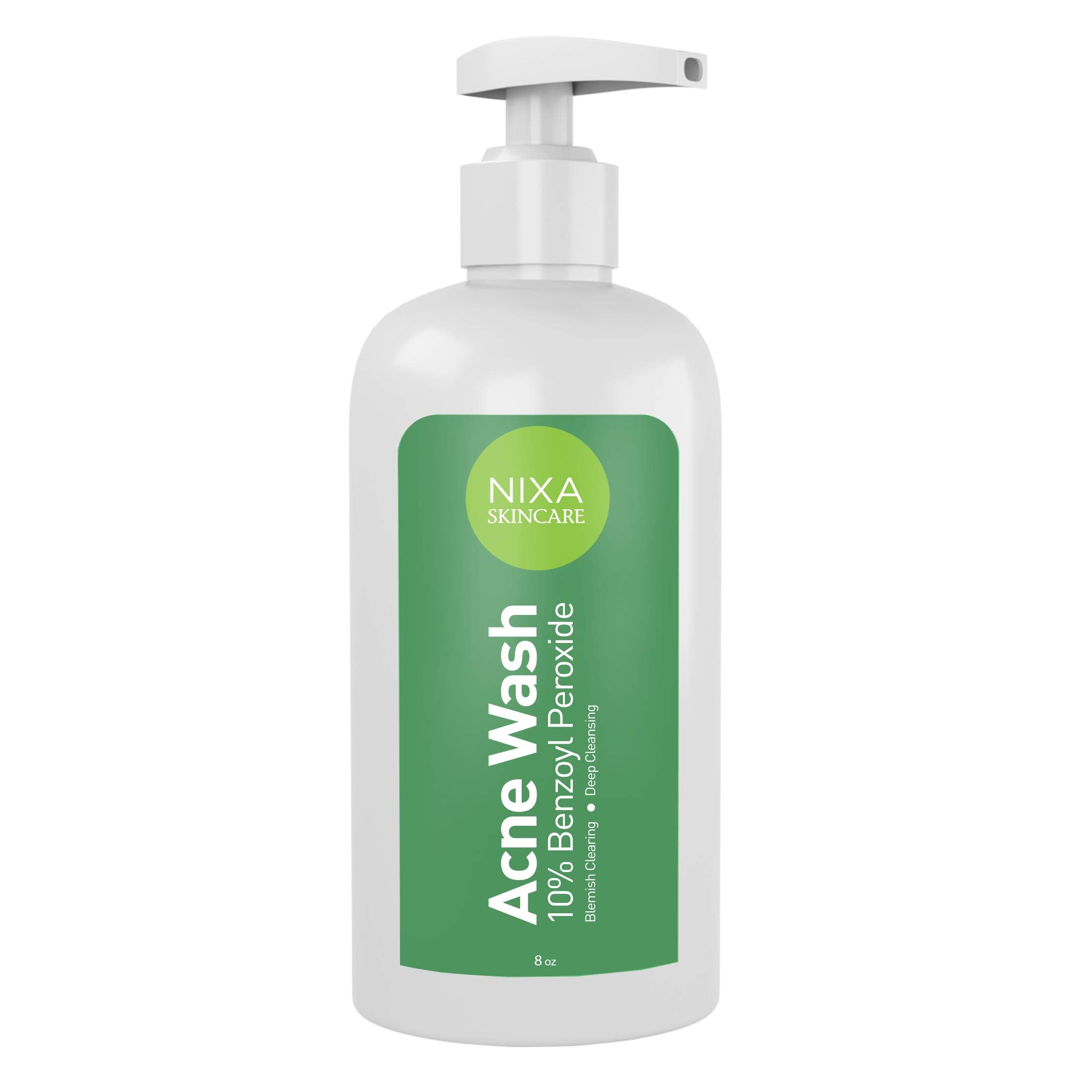 NIXA Skincare 10% Benzoyl Peroxide Wash bottle for acne-prone skin, unclogs pores.