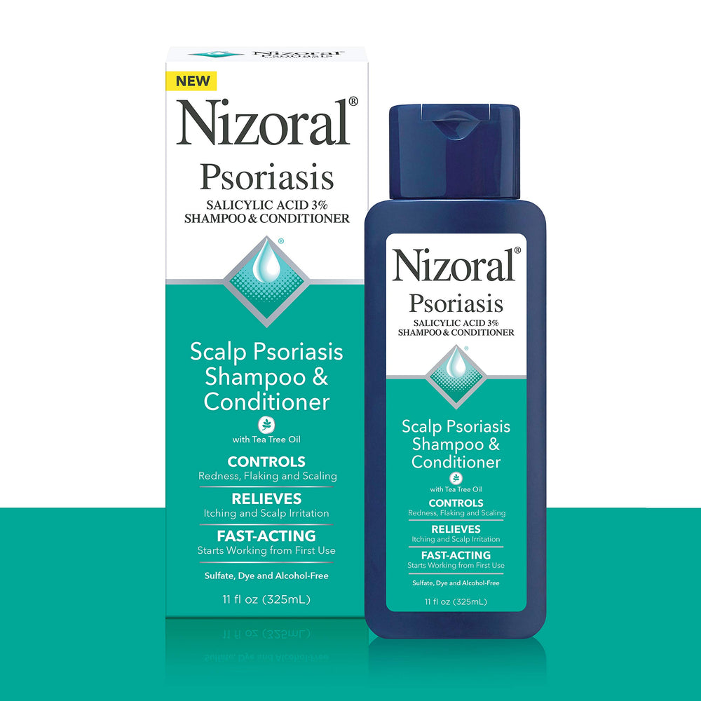 Nizoral Psoriasis Conditioner bottle complements wash for soft, manageable hair.