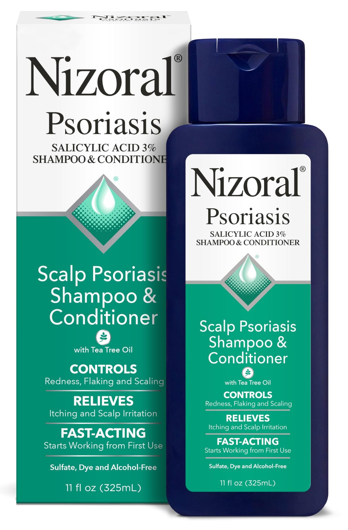 Nizoral psoriasis shampoo bottle showing maximum-strength medicine for scalp relief.