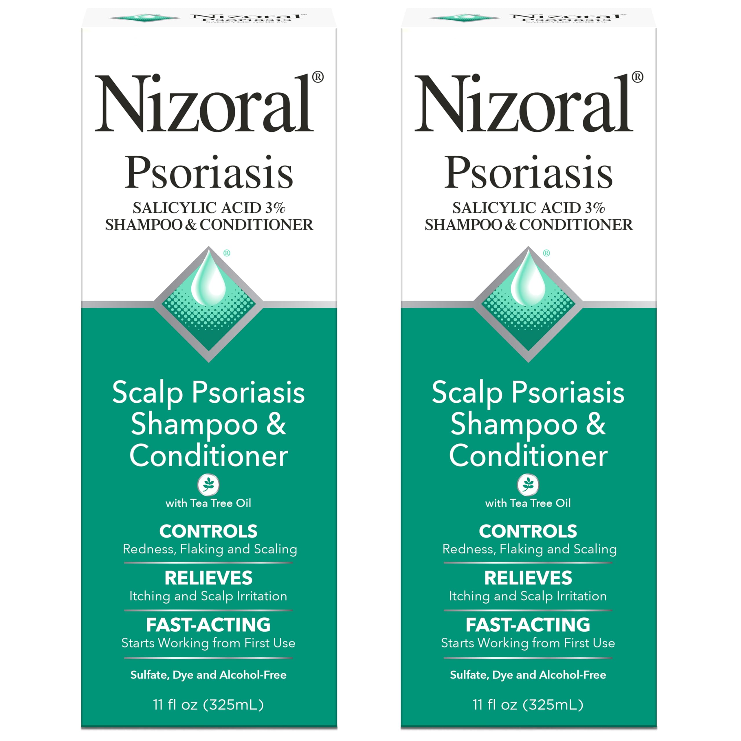 Nizoral psoriasis shampoo bottle shown with rich lather for soothing scalp relief.