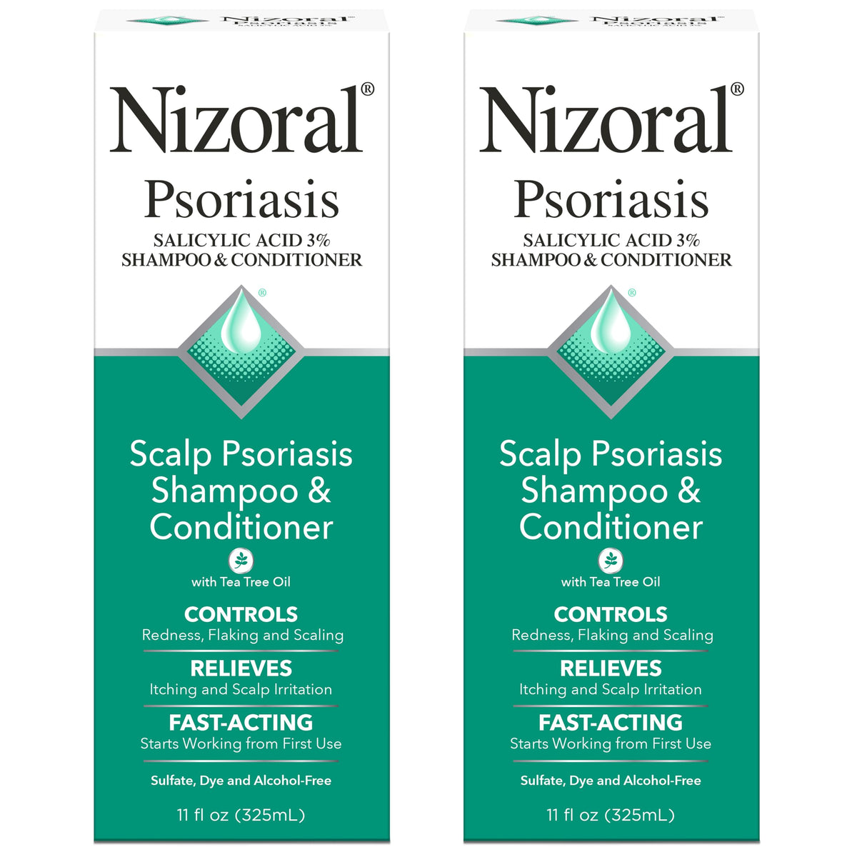 Nizoral psoriasis shampoo bottle shown with rich lather for soothing scalp relief.