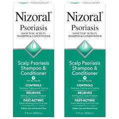 Nizoral psoriasis shampoo bottle shown with rich lather for soothing scalp relief.