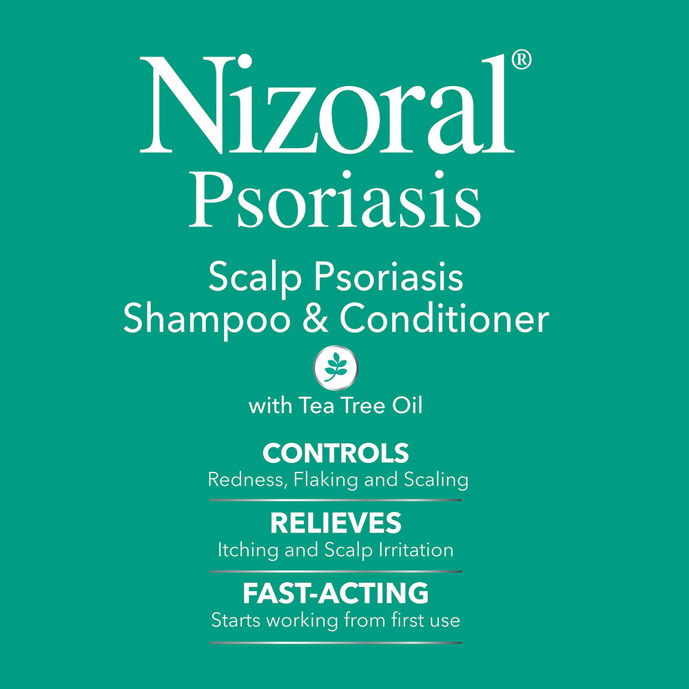Nizoral psoriasis shampoo bottle beside tea tree ingredient visualization highlighting soothing formula.