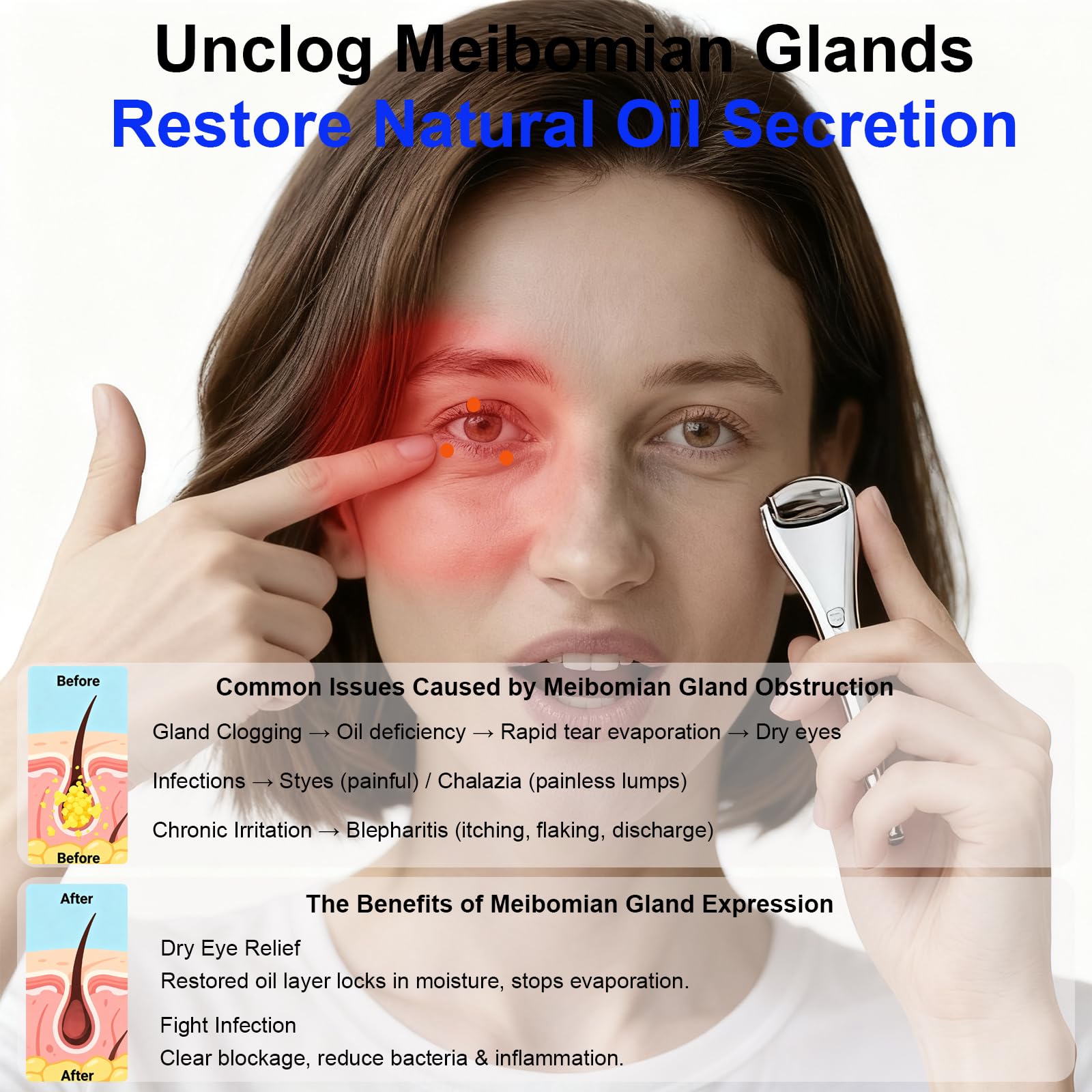 NKQ Eyelid Massage Wand applying to eyelid for targeted meibum flow support.