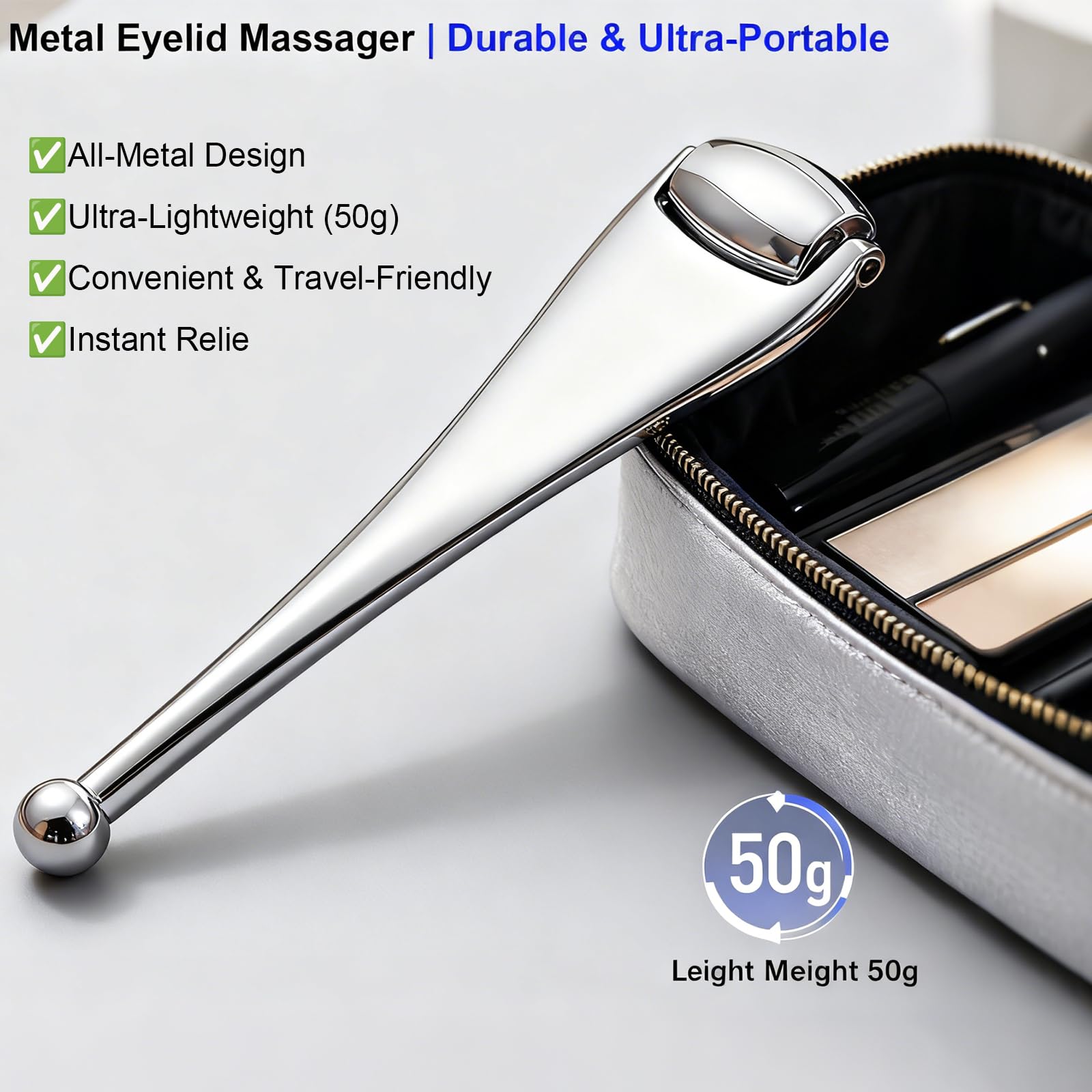 NKQ Metal Eyelid Massage Wand illustrating portable travel-compact design.