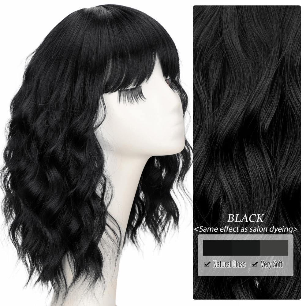 Nnzes black wavy wig bangs back view highlighting depth and movement.