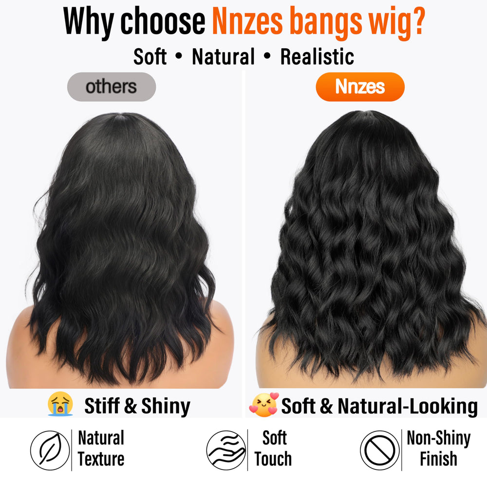 Nnzes black wavy wig bangs closeup texture detail for realism.