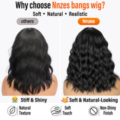 Nnzes black wavy wig bangs closeup texture detail for realism.