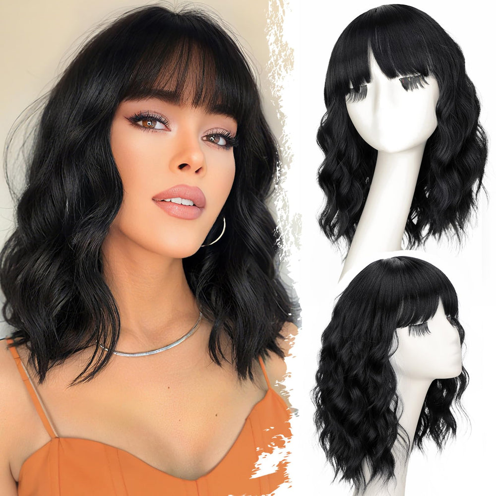 Nnzes black wavy wig bangs front view for natural everyday style.
