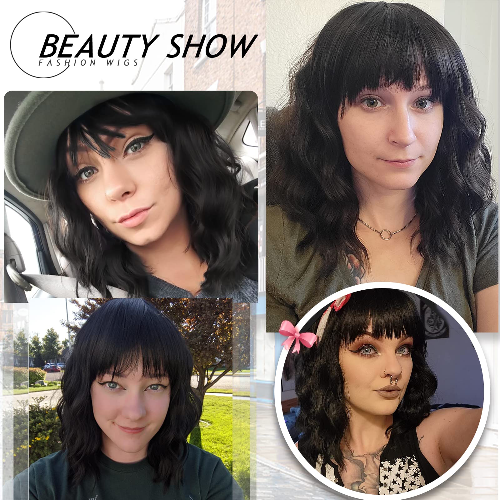 Nnzes black wavy wig bangs heat-resistant fiber closeup.
