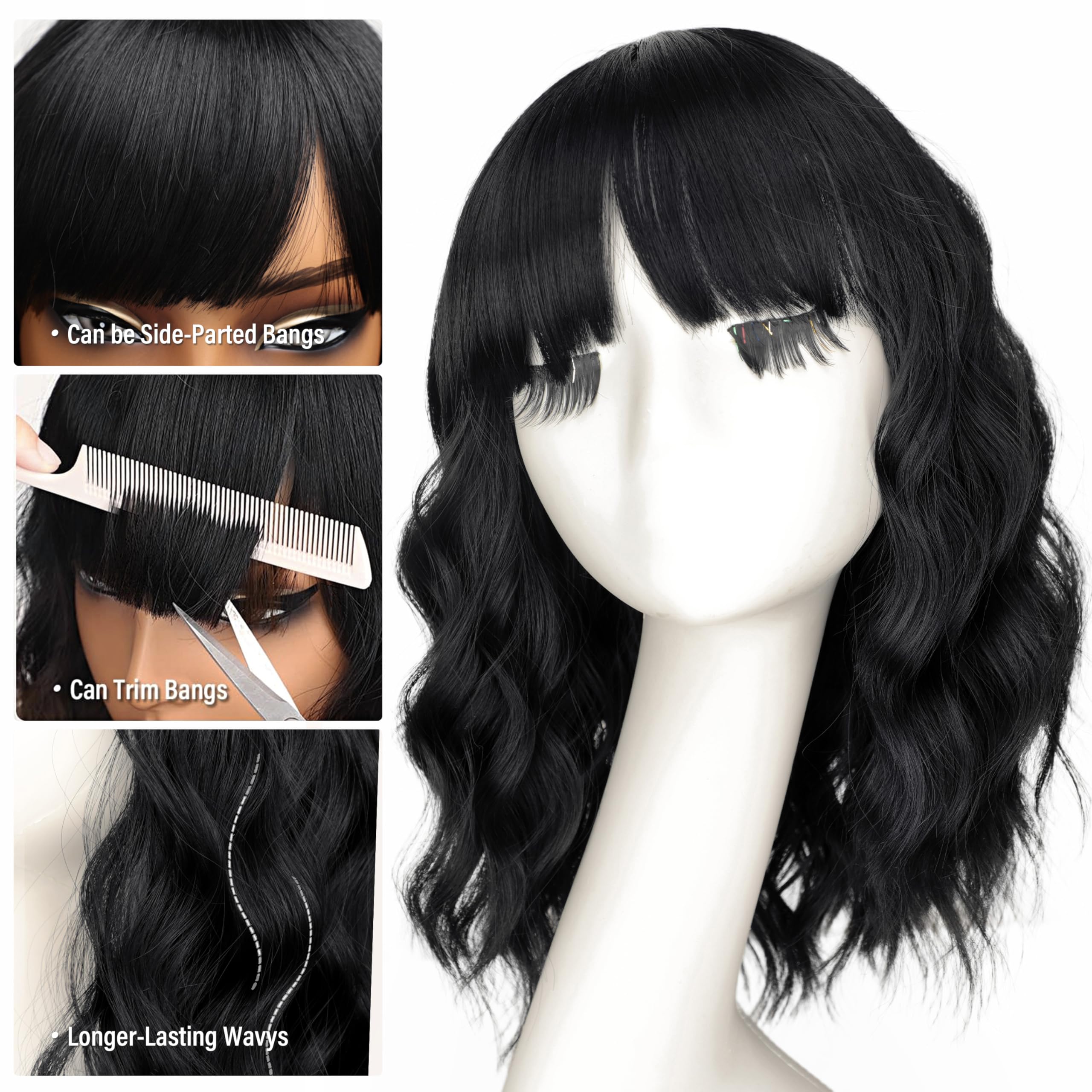 Nnzes black wavy wig bangs side view showing layered texture.