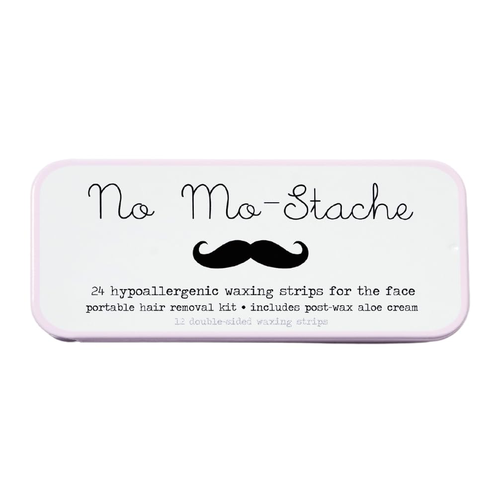No Mo-Stache lip wax strip tin showcases travel-friendly packaging for on-the-go hair removal.