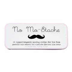 No Mo-Stache lip wax strip tin showcases travel-friendly packaging for on-the-go hair removal.