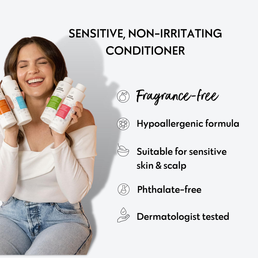 No Nothing Sensitive Moisture Conditioner label highlights fragrance-free, hypoallergenic formula for irritated skin.