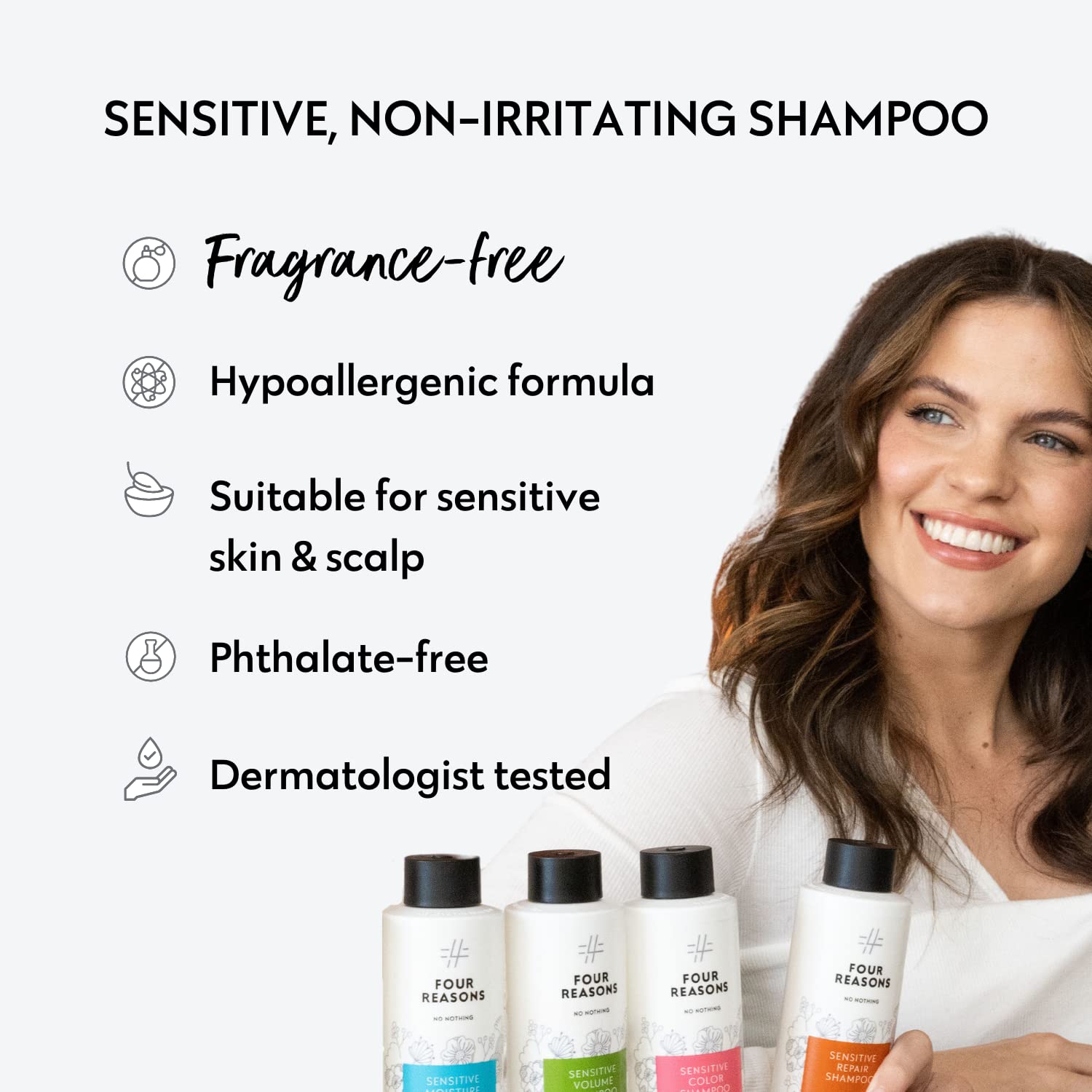 No Nothing Sensitive Volumizing Shampoo on shelf emphasizes fragrance-free option for sensitive or eczema-prone skin.