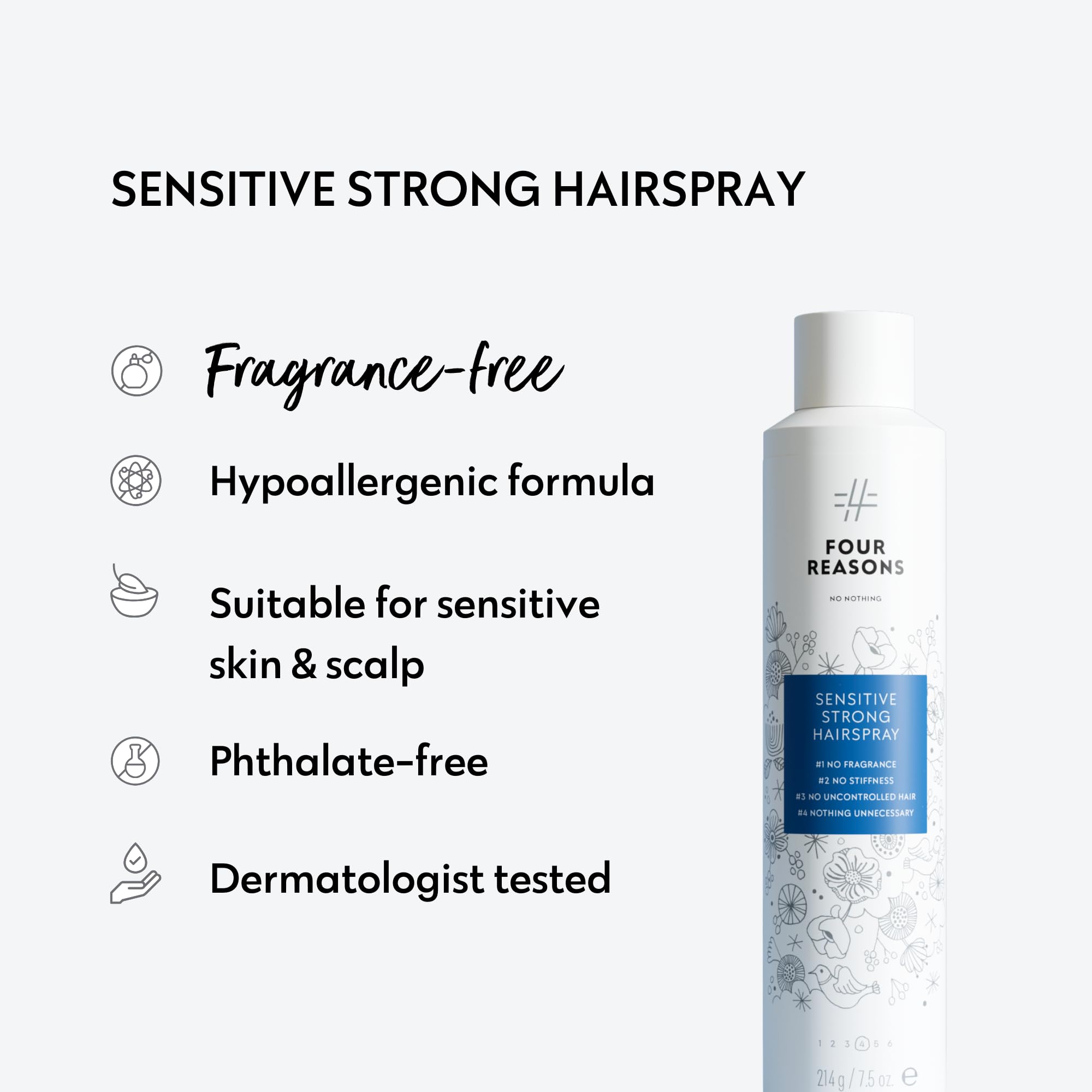 No nothing Very Sensitive Strong Hairspray label closeup highlighting unscented formula.
