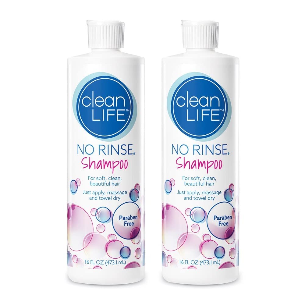 No-Rinse Shampoo bottle pour demonstrates convenient rinse-free cleansing for limited shower access.