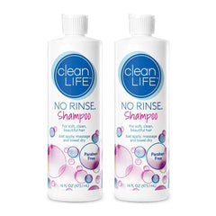 No-Rinse Shampoo bottle pour demonstrates convenient rinse-free cleansing for limited shower access.