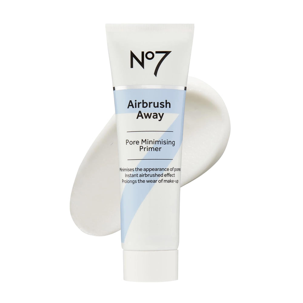 No7 Airbrush Away primer bottle closeup, sleek packaging designed for pore minimization
