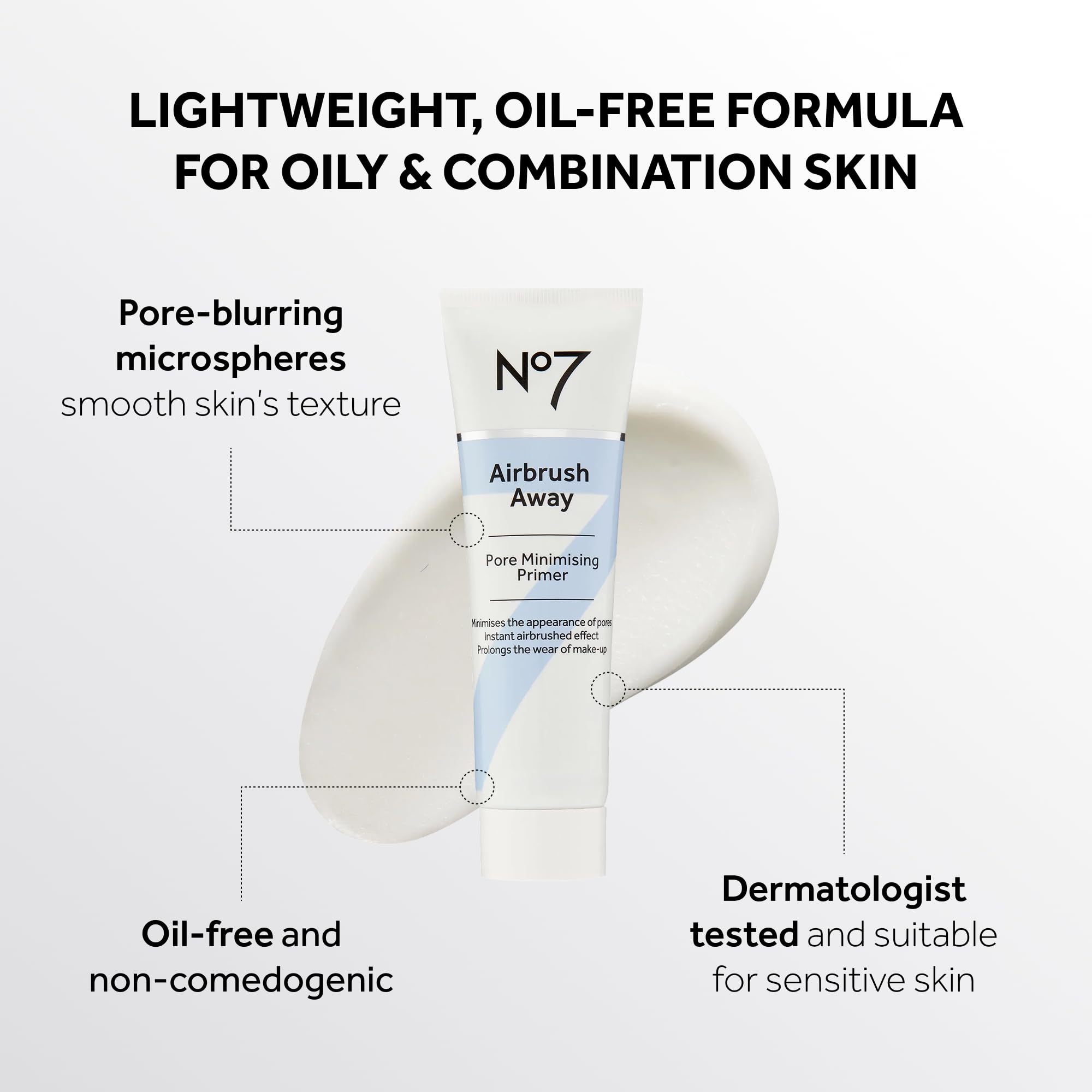 No7 Airbrush Away primer on finger showing light, oil-free texture
