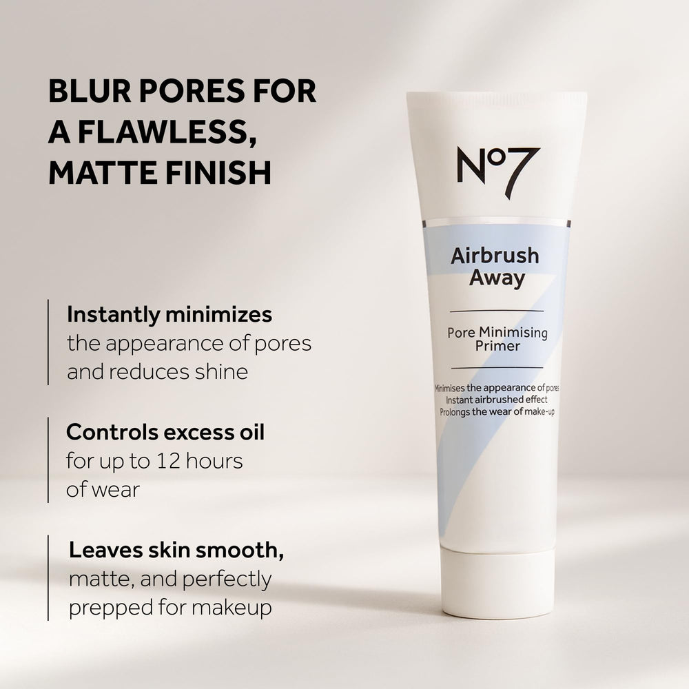 No7 Airbrush Away primer swatch on skin showing matte finish