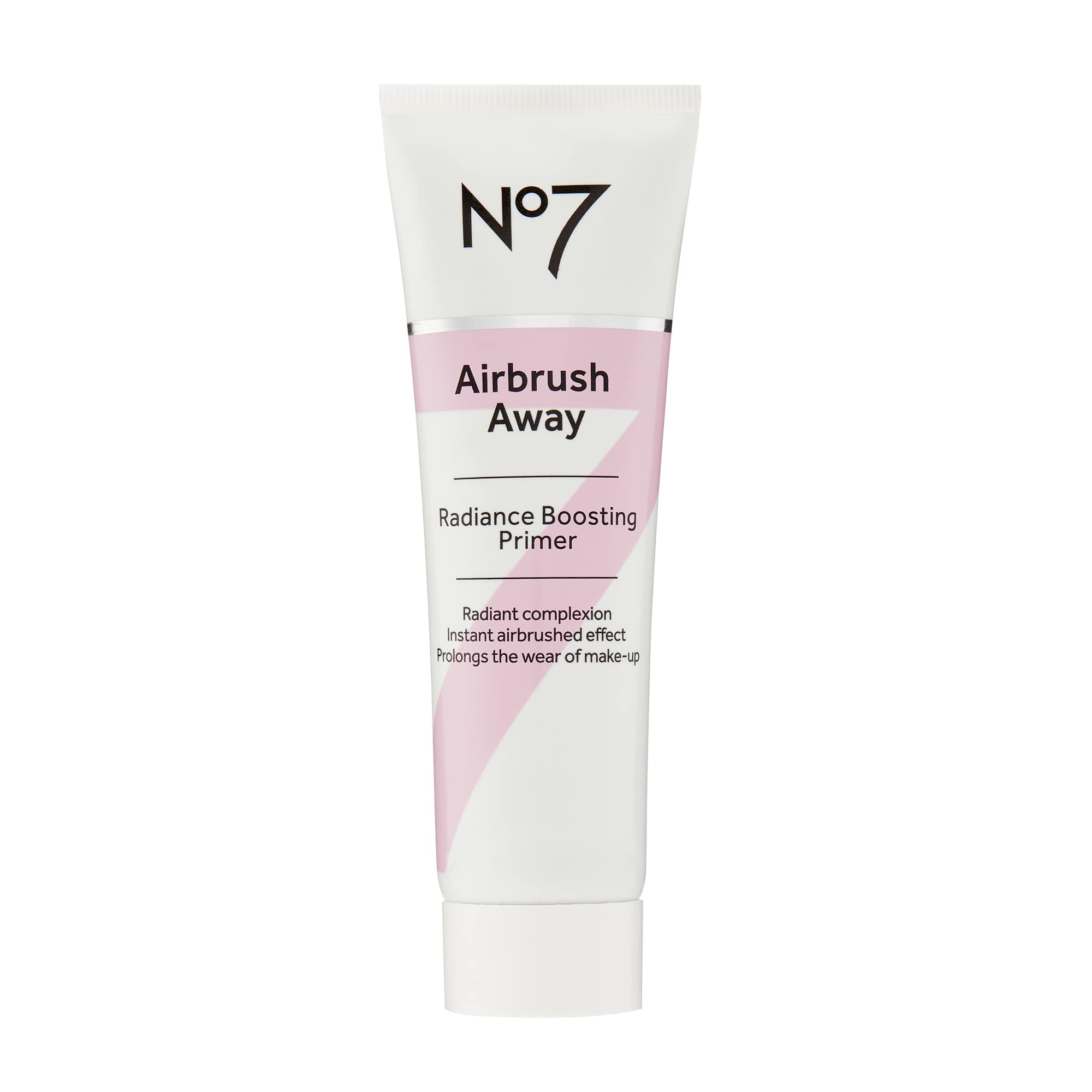 No7 Airbrush Away Radiance Primer bottle priming skin for seamless makeup.