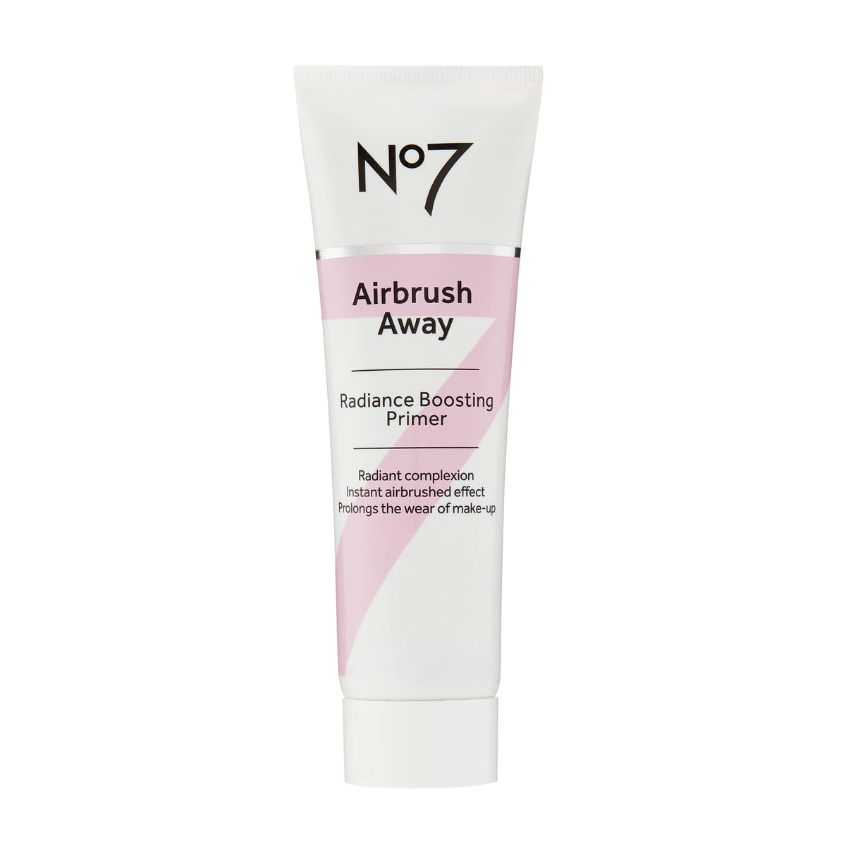 No7 Airbrush Away Radiance Primer bottle priming skin for seamless makeup.