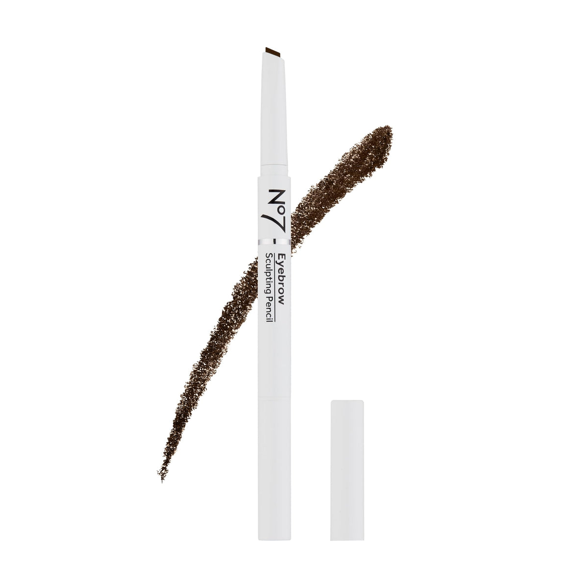 No7 brown pencil front packaging showing compact dual-ended brow tool and benefits