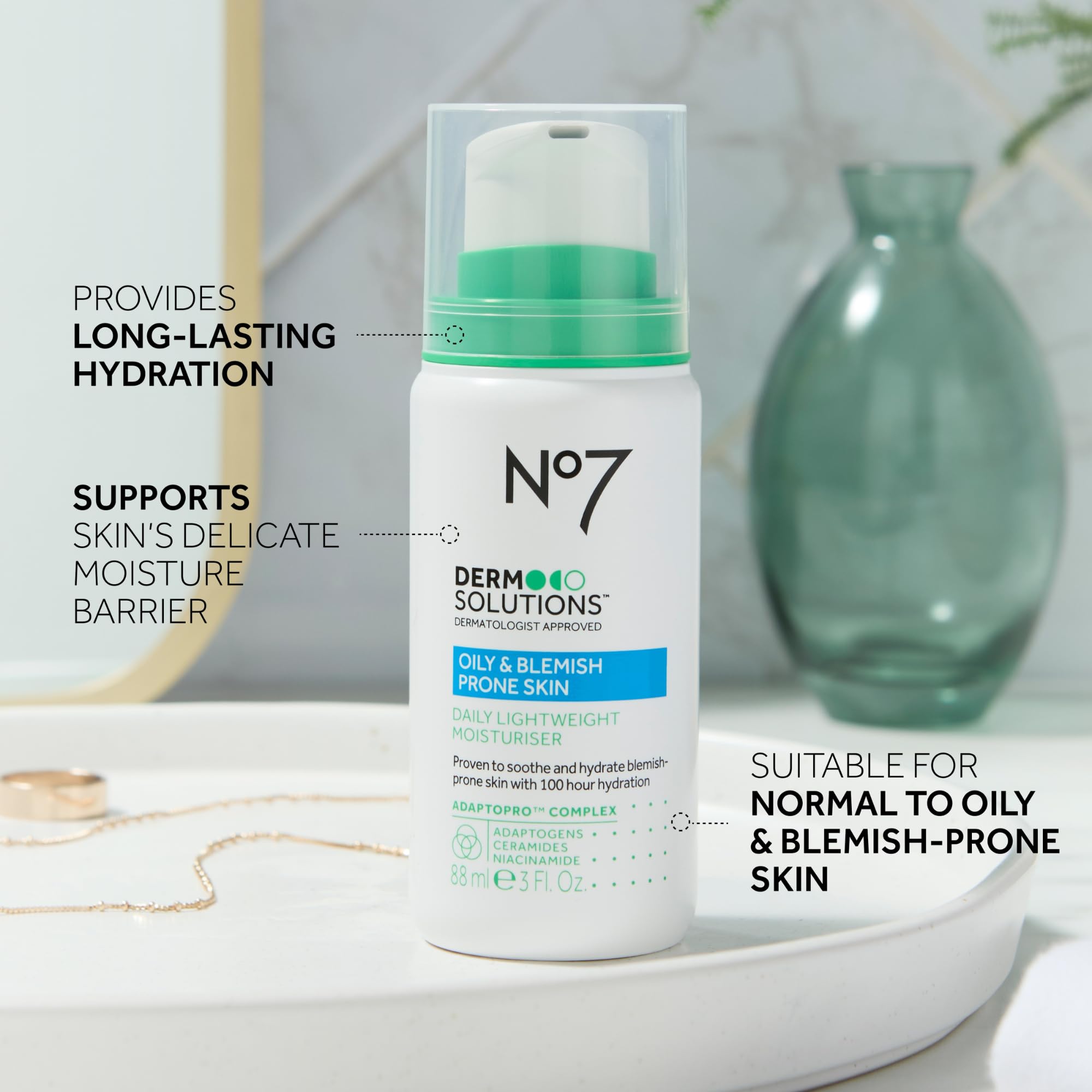 No7 Derm Solutions Daily Face Moisturizer triple adaptogen system label suggests calming, balanced skin.