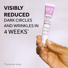 No7 eye cream on under-eye area demonstrates wrinkle smoothing and moisture lock.