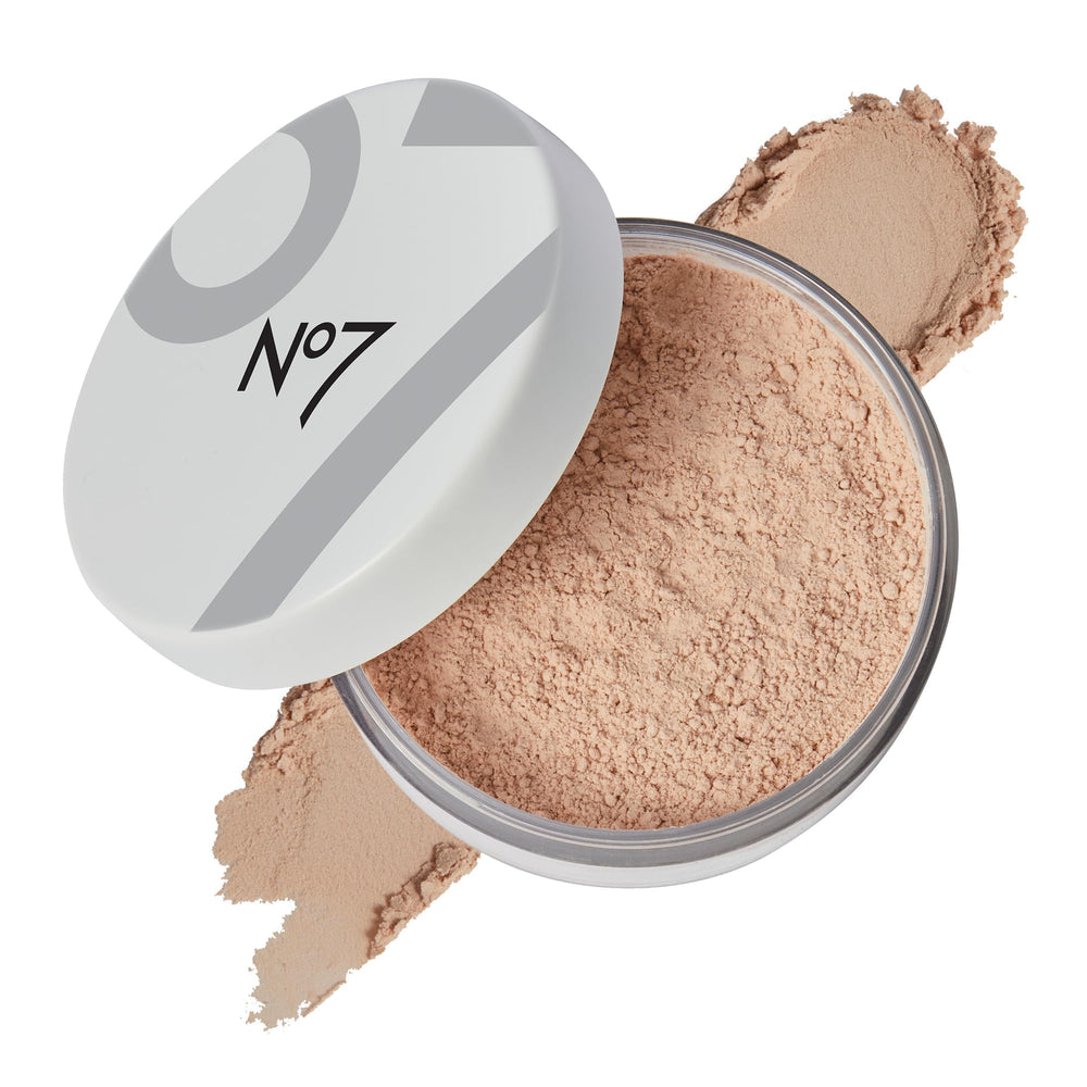 No7 Flawless Finish Loose Powder compact for shine-free, airbrushed look.