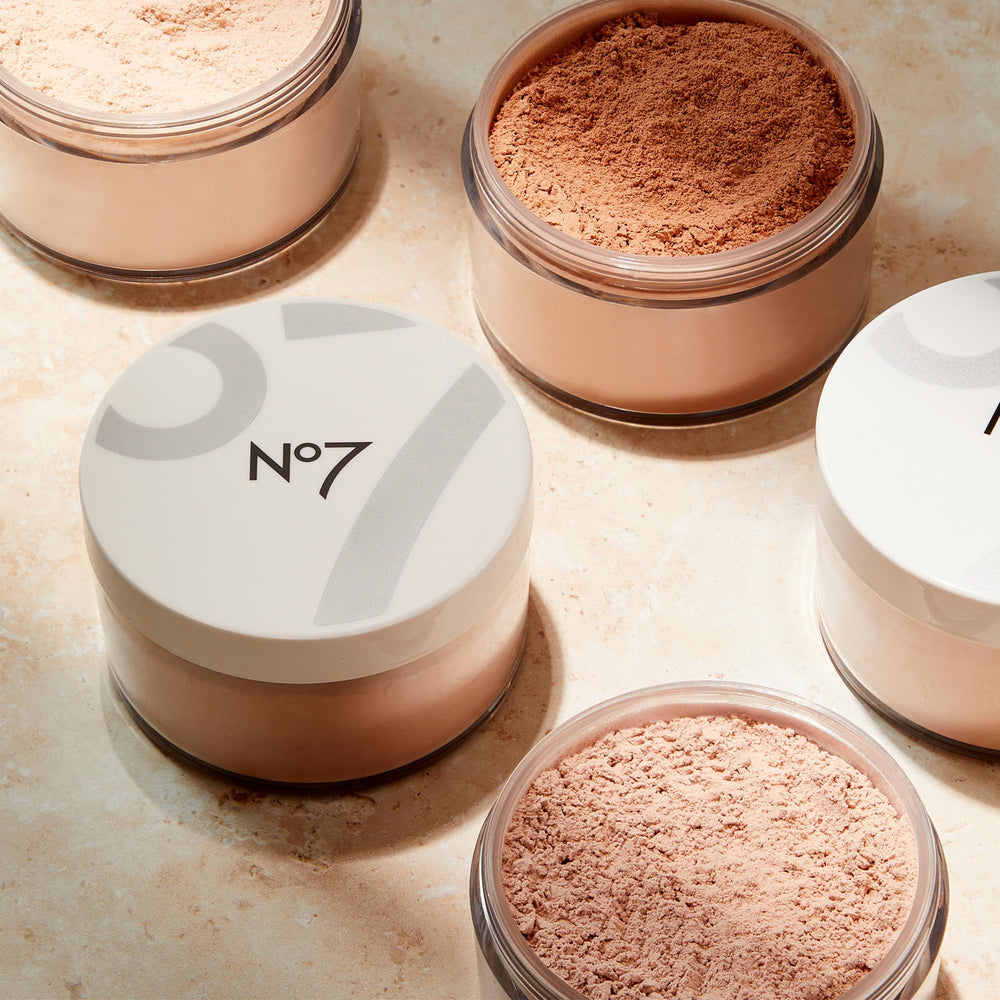 No7 Flawless Finish Loose Powder shine-control closeup demonstrating portability.