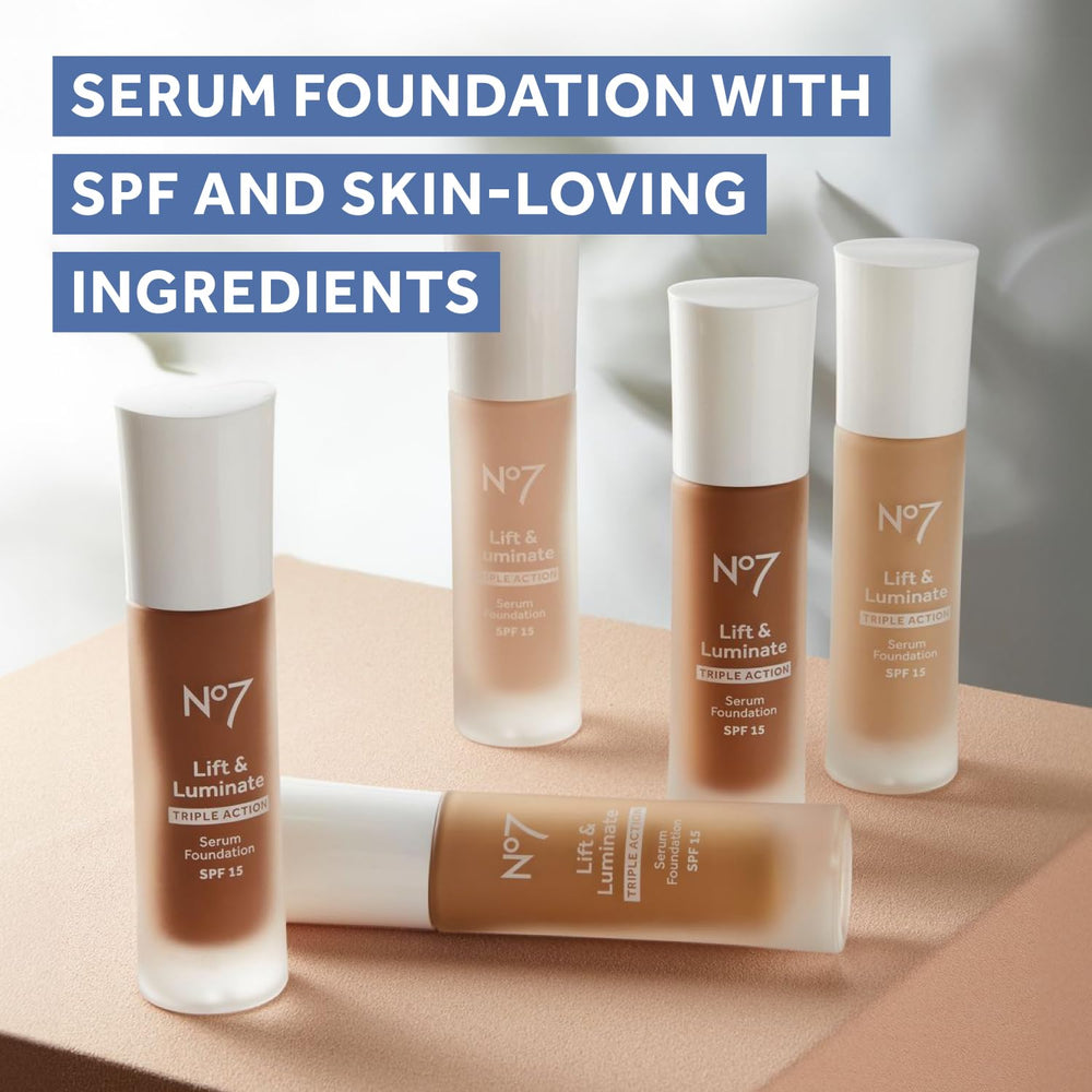 No7 foundation in a makeup bag staged for daily routine and radiant ready skin