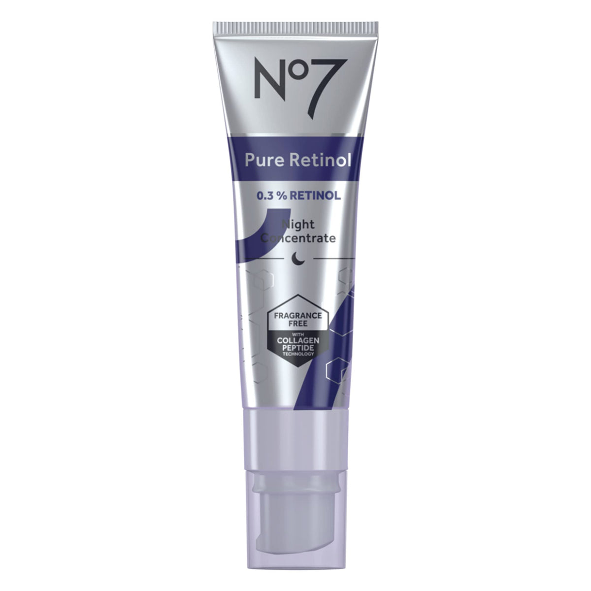 No7 front bottle showing advanced retinol concentrate for overnight renewal