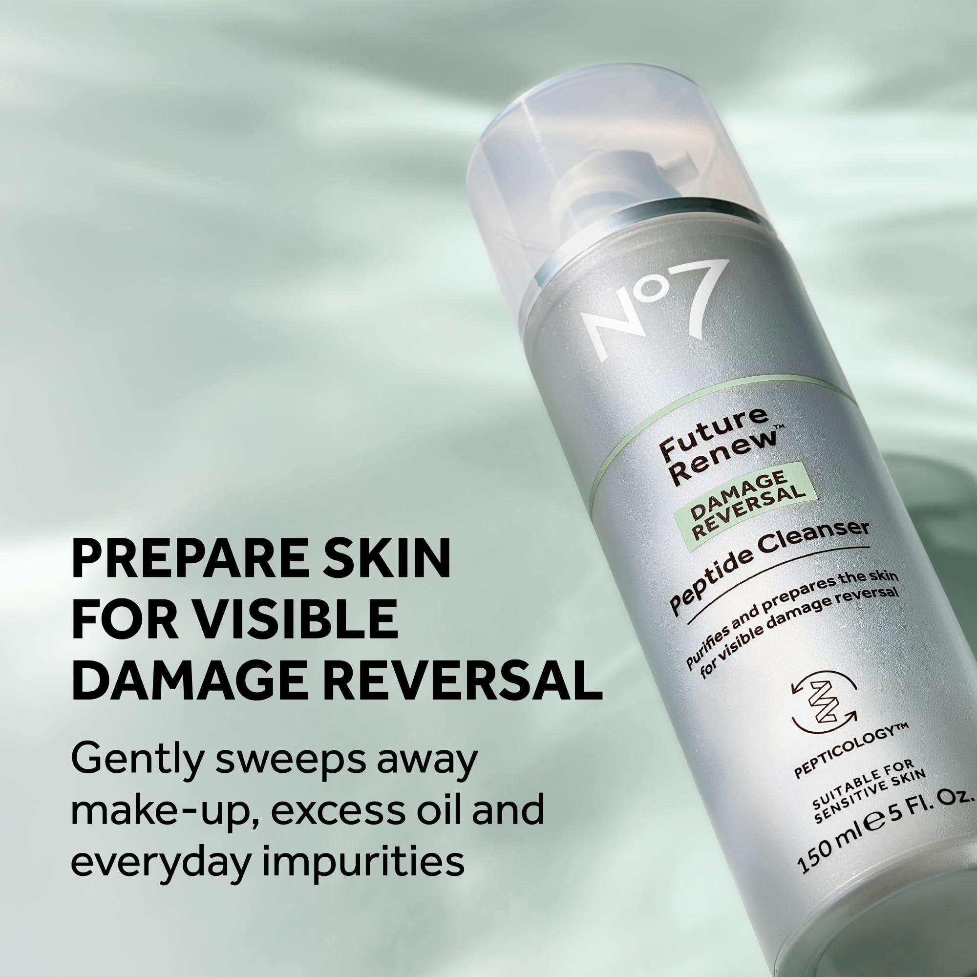 No7 Future Renew pump close-up highlights peptide-powered action and gentle lather