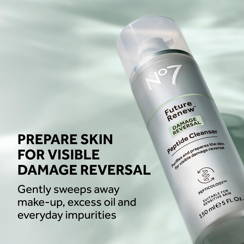 No7 Future Renew pump close-up highlights peptide-powered action and gentle lather
