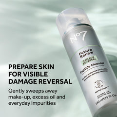 No7 Future Renew pump close-up highlights peptide-powered action and gentle lather
