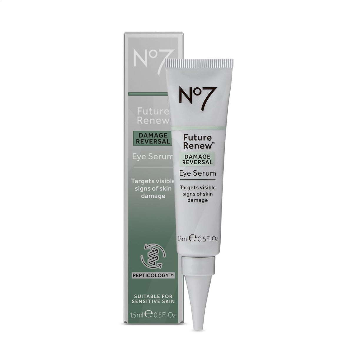 No7 Future Renew Eye Serum bottle close-up showing hydrating glow for the eye area.