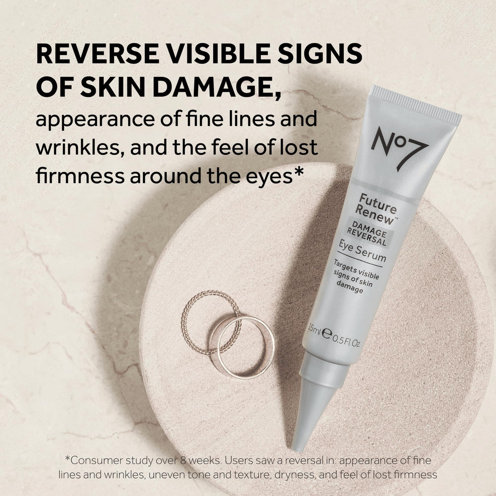 No7 Future Renew serum texture swirl demonstrates smooth, lightweight formula ideal for sensitive skin.