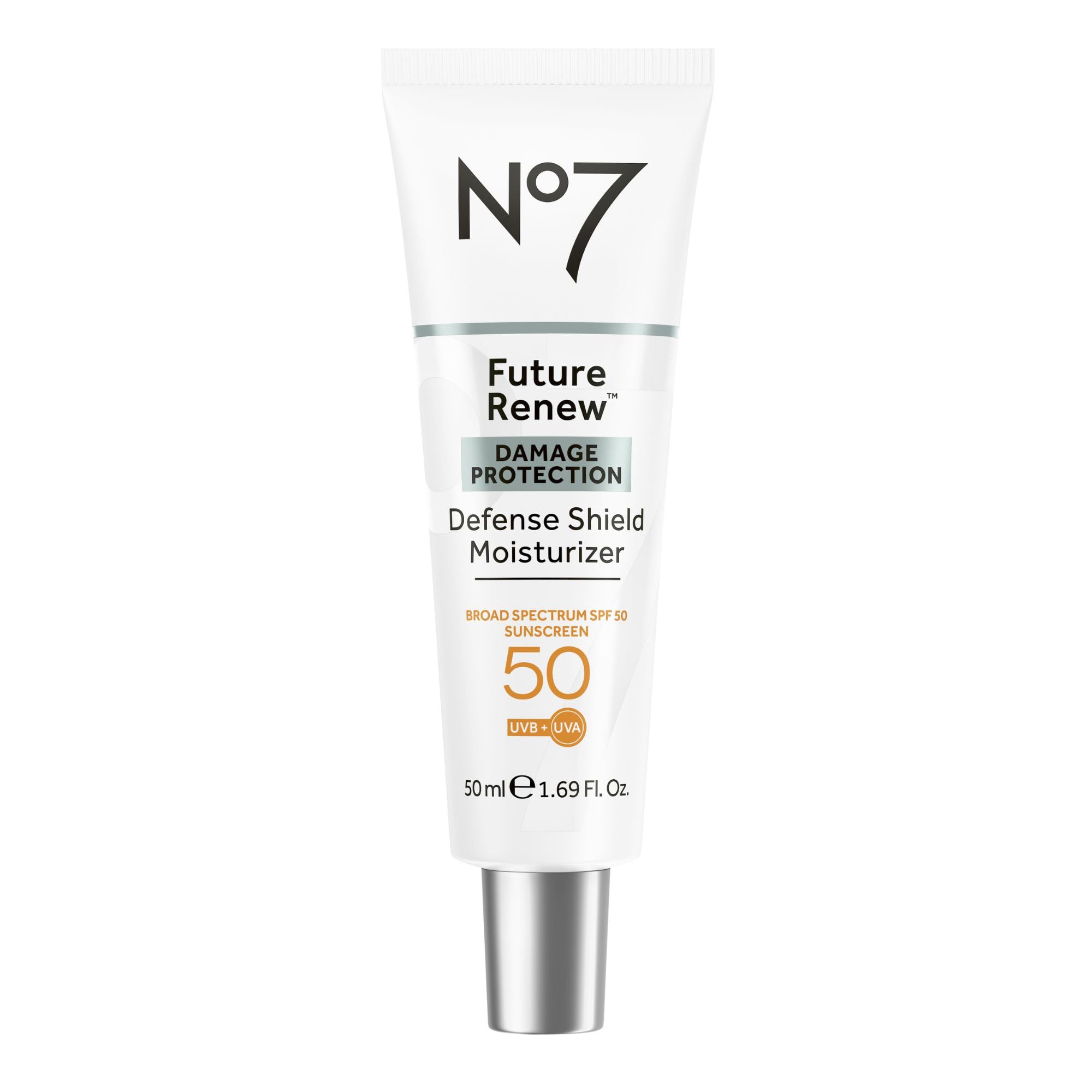 No7 front packaging of Future Renew Defense Shield showing SPF 50 and brand benefits