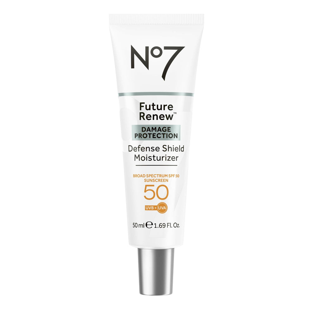 No7 front packaging of Future Renew Defense Shield showing SPF 50 and brand benefits