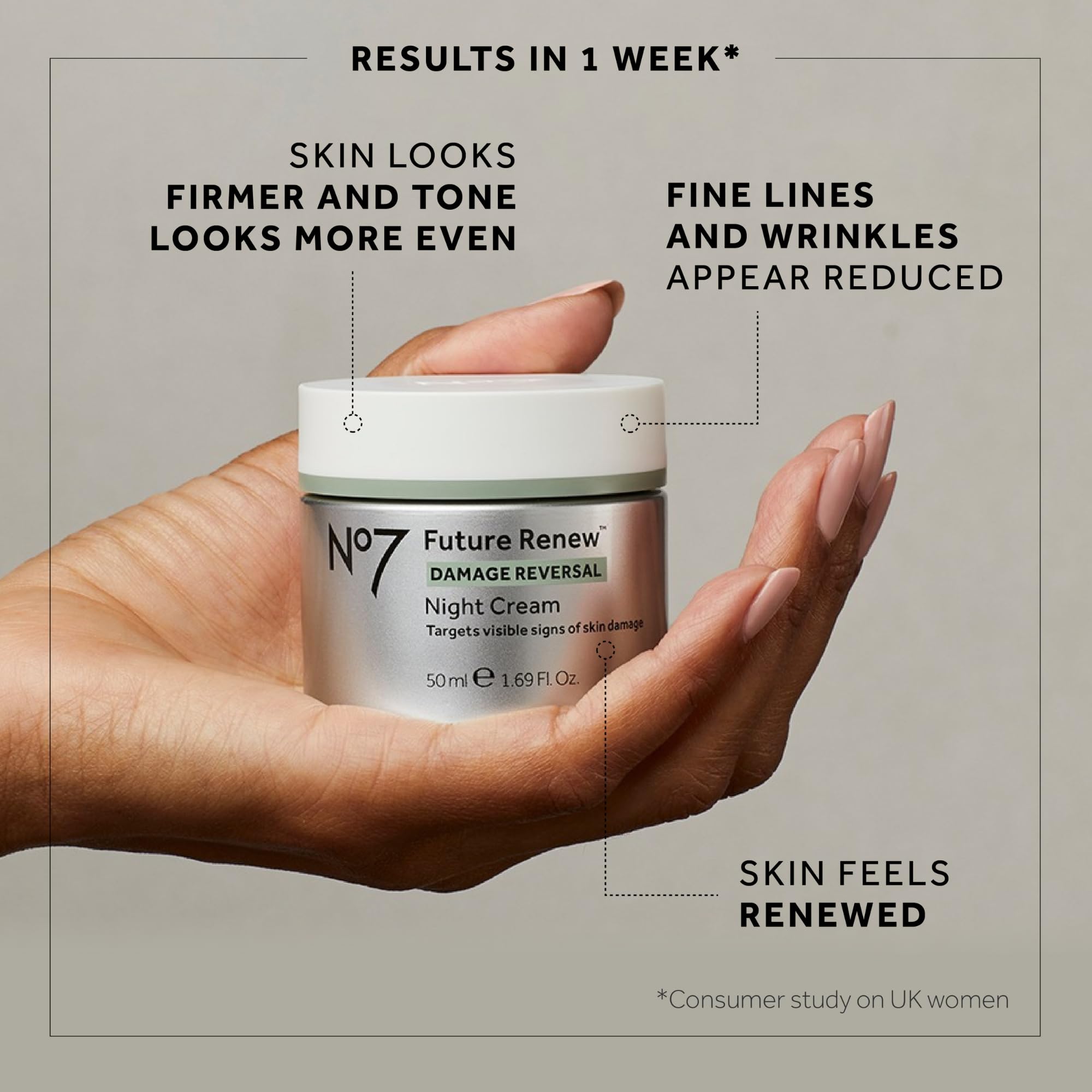 No7 Future Renew Night Cream packaging shot highlighting premium No7 skincare heritage
