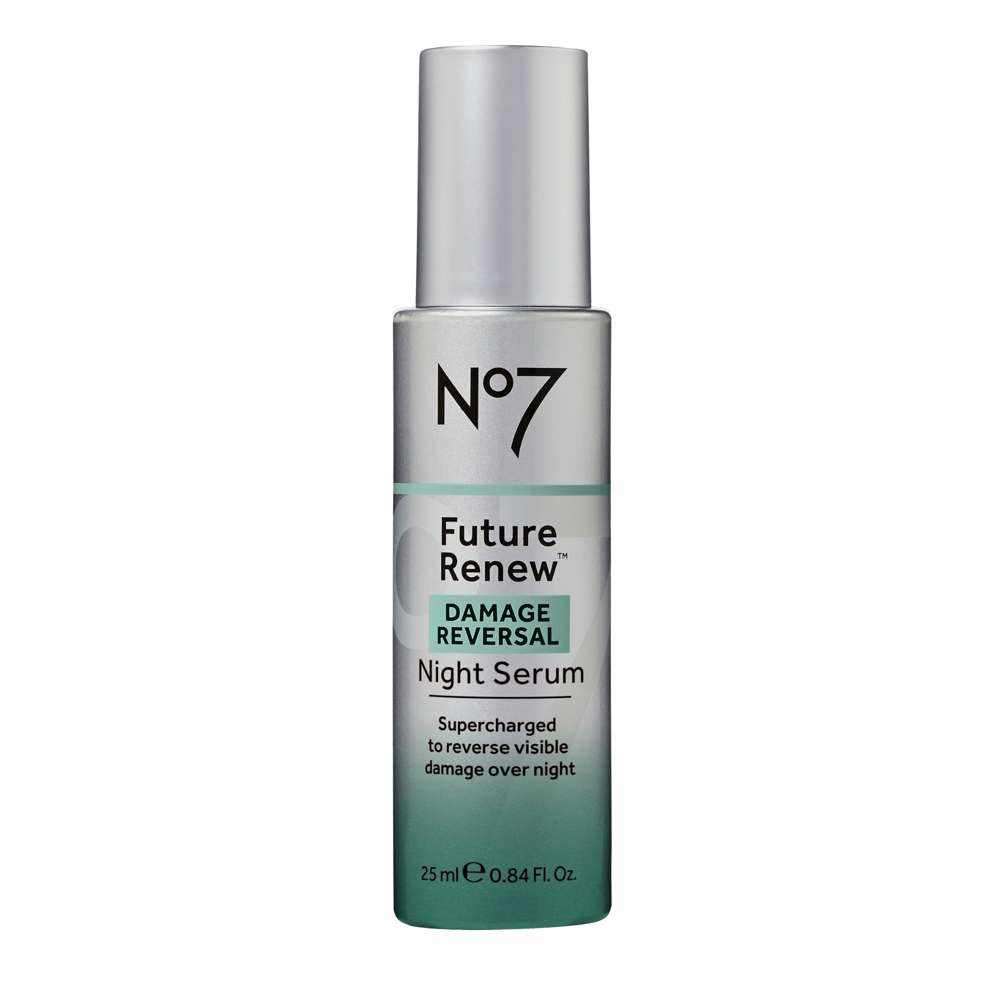 No7 bottle front view showing Future Renew Damage Reversal Night Serum benefits