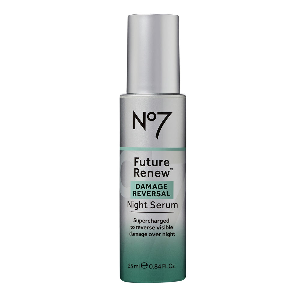 No7 bottle front view showing Future Renew Damage Reversal Night Serum benefits
