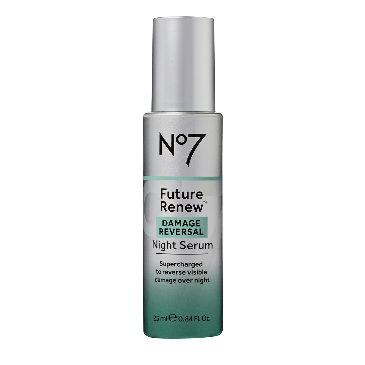 No7 bottle front view showing Future Renew Damage Reversal Night Serum benefits