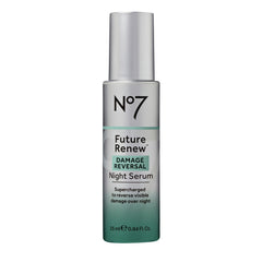 No7 bottle front view showing Future Renew Damage Reversal Night Serum benefits