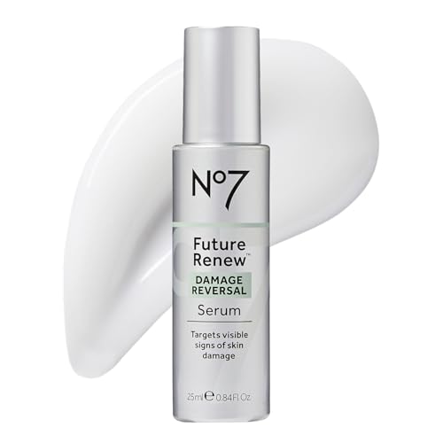 No7 Future Renew serum bottle closeup highlights peptide technology for radiant skin.