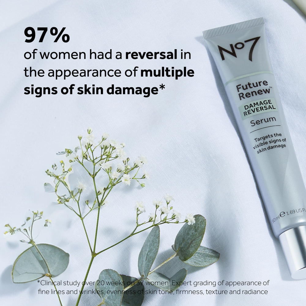No7 Future Renew serum bottle display focusing on peptide technology