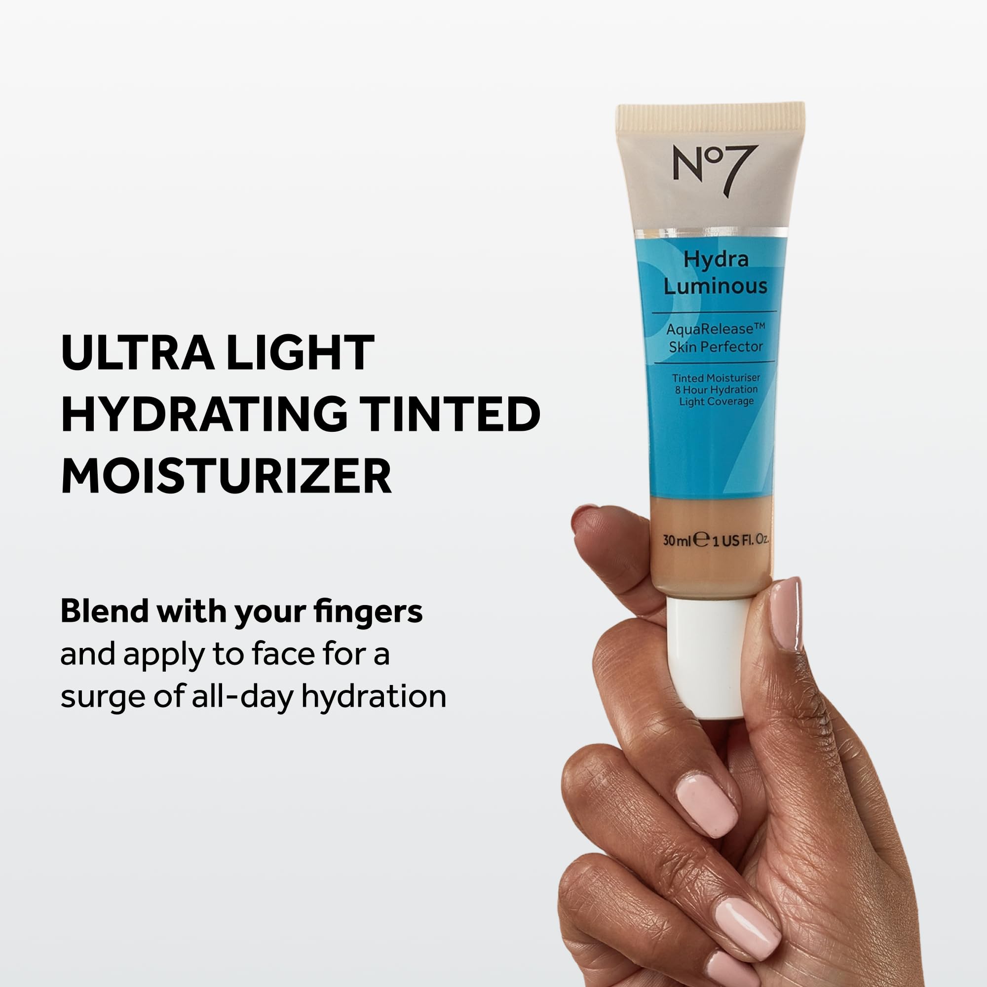 No7 application with fingers demonstrating blendability and instant hydration boost