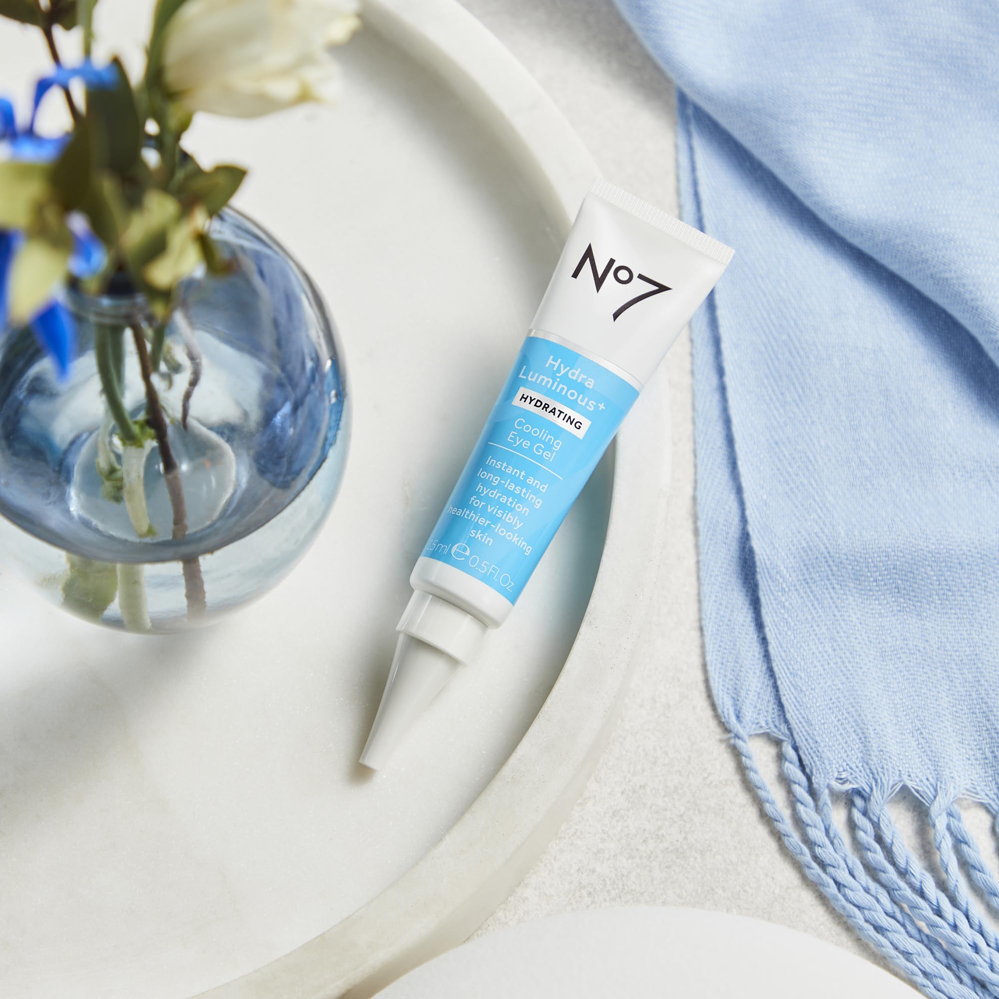 No7 HydraLuminous cooling eye gel early-morning routine pairs with start-of-day skincare.